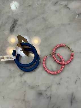 Blue Matte Hoop Earrings and Pink Beaded Hoops Set